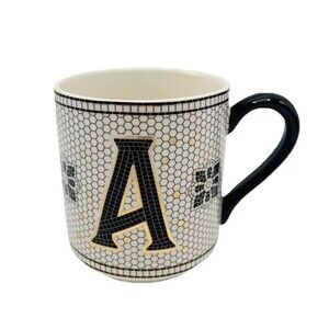 Anthropologie Coffee Mug Bistro Tile Margot Monogram Initial A Black Gold Mosaic